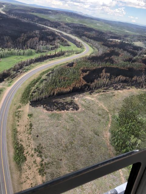 Near the heel of the Badger Creek Fire and north and east of Mountain Home community. Gramm recreation residences are in the green area near the top of the photo. Bottom treatment is Wyoming State land, treated in 1997 and 98, then again in 2011.